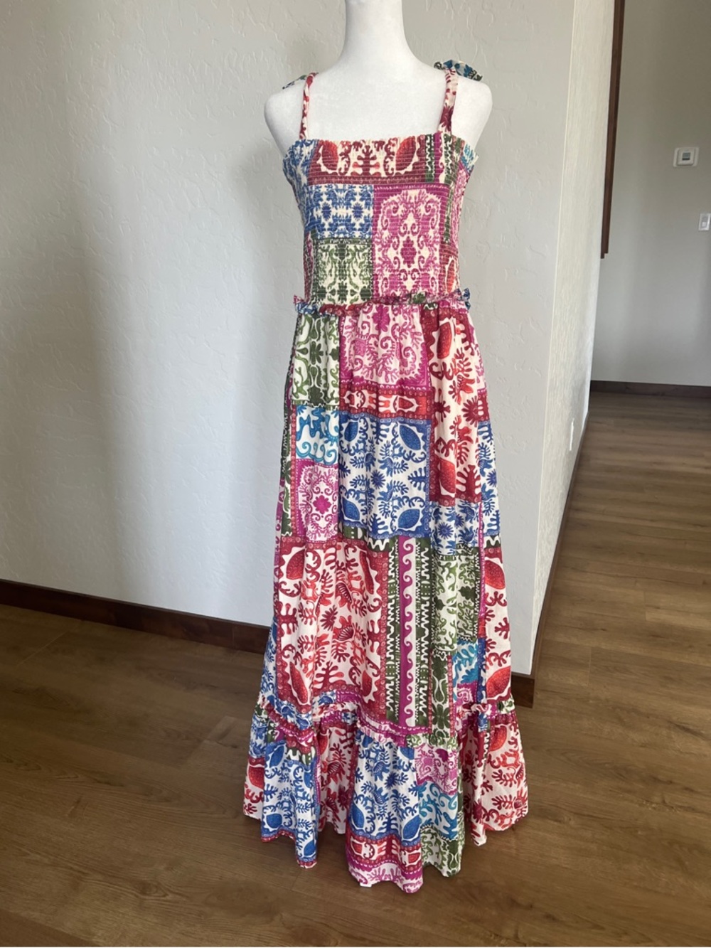 Bila Coastal Boho Patchwork Smocked Bodice Tie Strap Cotton Maxi Dress Large